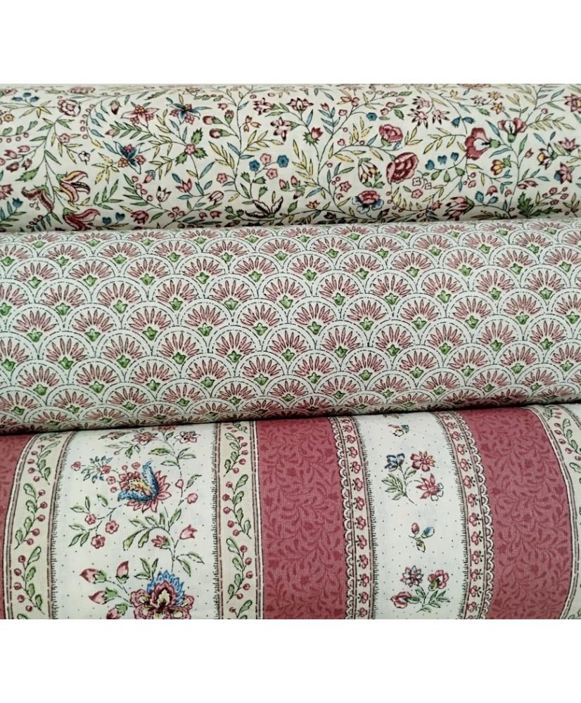 Tissu 'Beaucaire' à Rayures Fleuries - 100% Coton, Largeur 160cm, Vente Au Demi-Mètre (50cm) - Neuf, Fabriqué En France