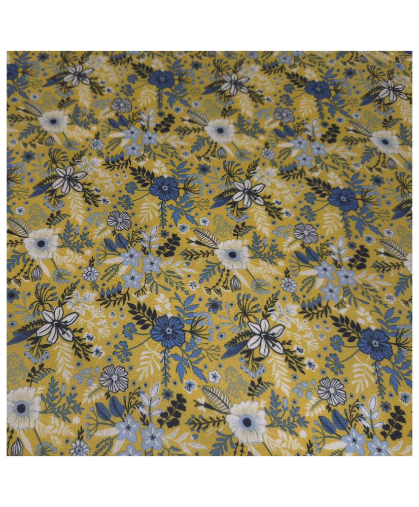 Tissu coton “Kukka” – Petites fleurs bleues sur fond jaune