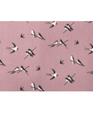 Tissu 100 % coton “Hirondelles” – Motif oiseaux noir et blanc fond rose