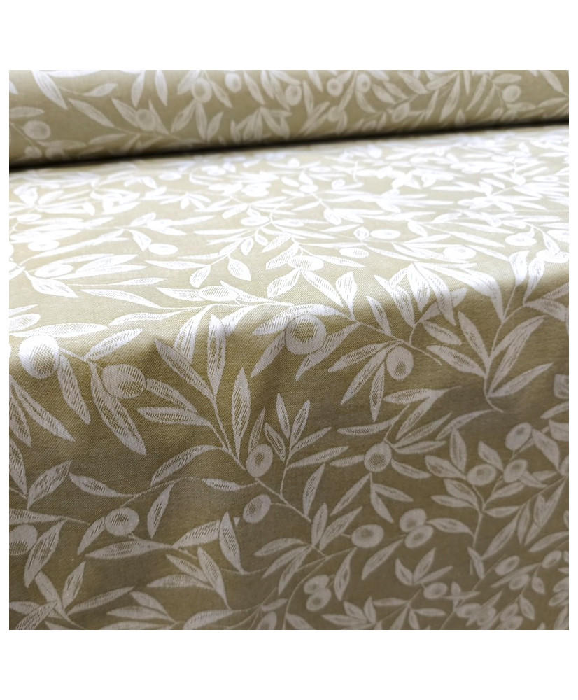 Tissu jacquard enduit motif "olivade" fond vert – 100% coton – Largeur 183 cm