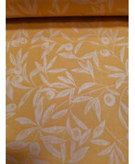 Tissu jacquard enduit motif "olivade" fond Curry – 100% coton – Largeur 183 cm