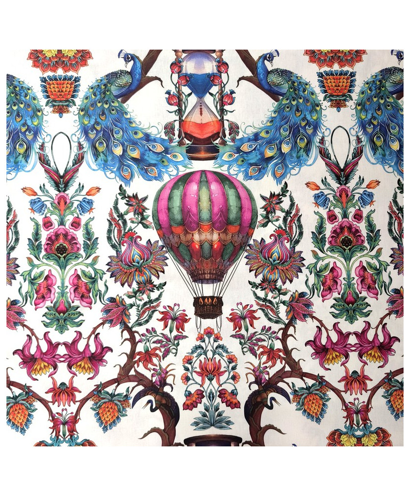 Tissu 100% Coton "Amar" – Motif Paon, Montgolfière & Fleurs – Largeur 280 cm