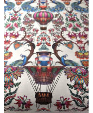 Tissu 100% Coton "Amar" – Motif Paon, Montgolfière & Fleurs – Largeur 280 cm