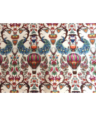 Tissu 100% Coton "Amar" – Motif Paon, Montgolfière & Fleurs – Largeur 280 cm