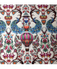 Tissu 100% Coton "Amar" – Motif Paon, Montgolfière & Fleurs – Largeur 280 cm