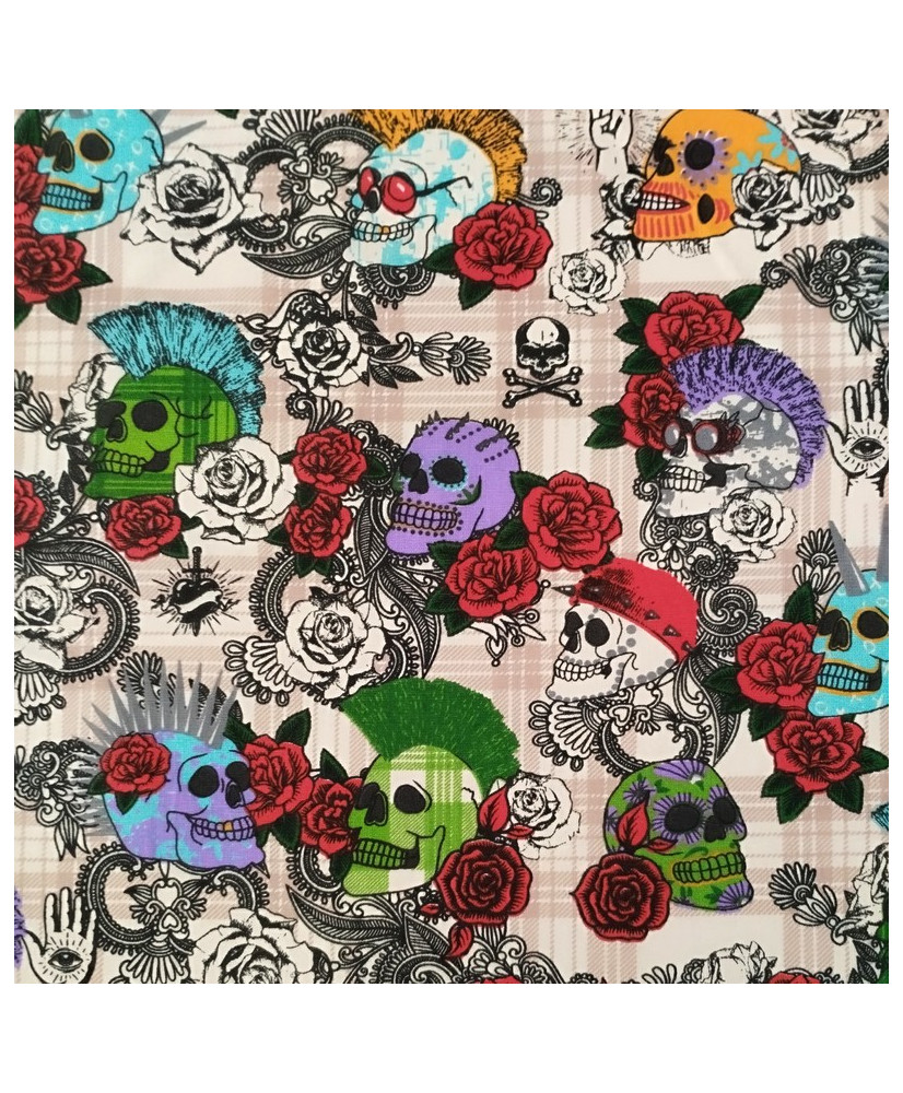 Cretonne Fabric – Punk Skull Design on Beige Background