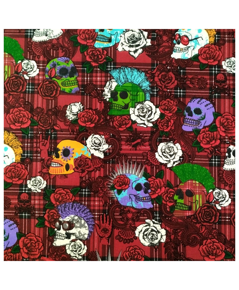 Cretonne Fabric – Punk Skull Design on red Background