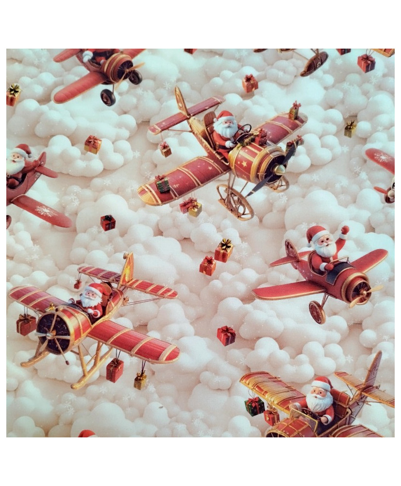 Tissu Coton Père Noël 3D en Avion – Noël Original