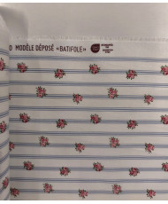 Cretonne-Batifolle imprimé fleur roses sur rayures bleues