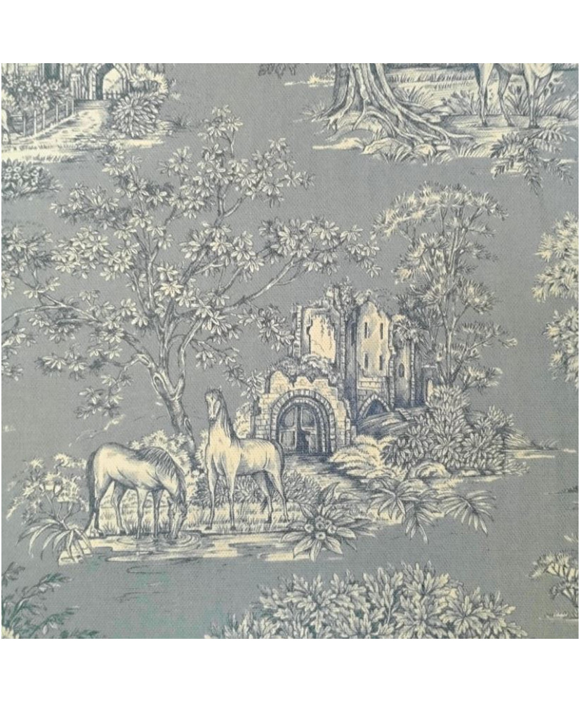 Coupon Bachette-Horses Blue 280 cm-toile de Jouy