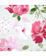 Tissu en coton blanc à motif de fleurs roses et feuilles vertes style aquarelle