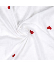 White Double Gauze Fabric with Red Embroidered Hearts – 135 cm