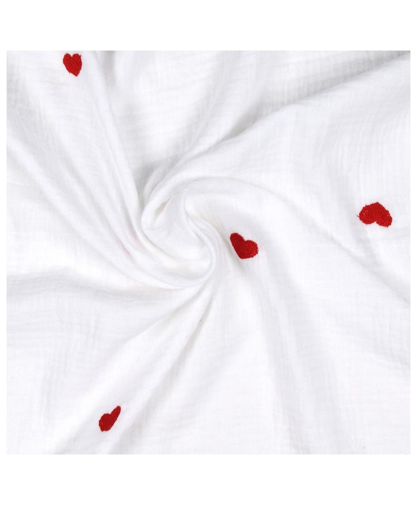 White Double Gauze Fabric with Red Embroidered Hearts – 135 cm