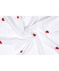 White Double Gauze Fabric with Red Embroidered Hearts – 135 cm