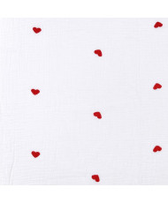 White Double Gauze Fabric with Red Embroidered Hearts – 135 cm