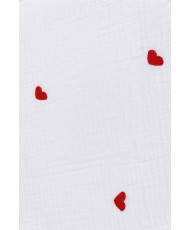 White Double Gauze Fabric with Red Embroidered Hearts – 135 cm