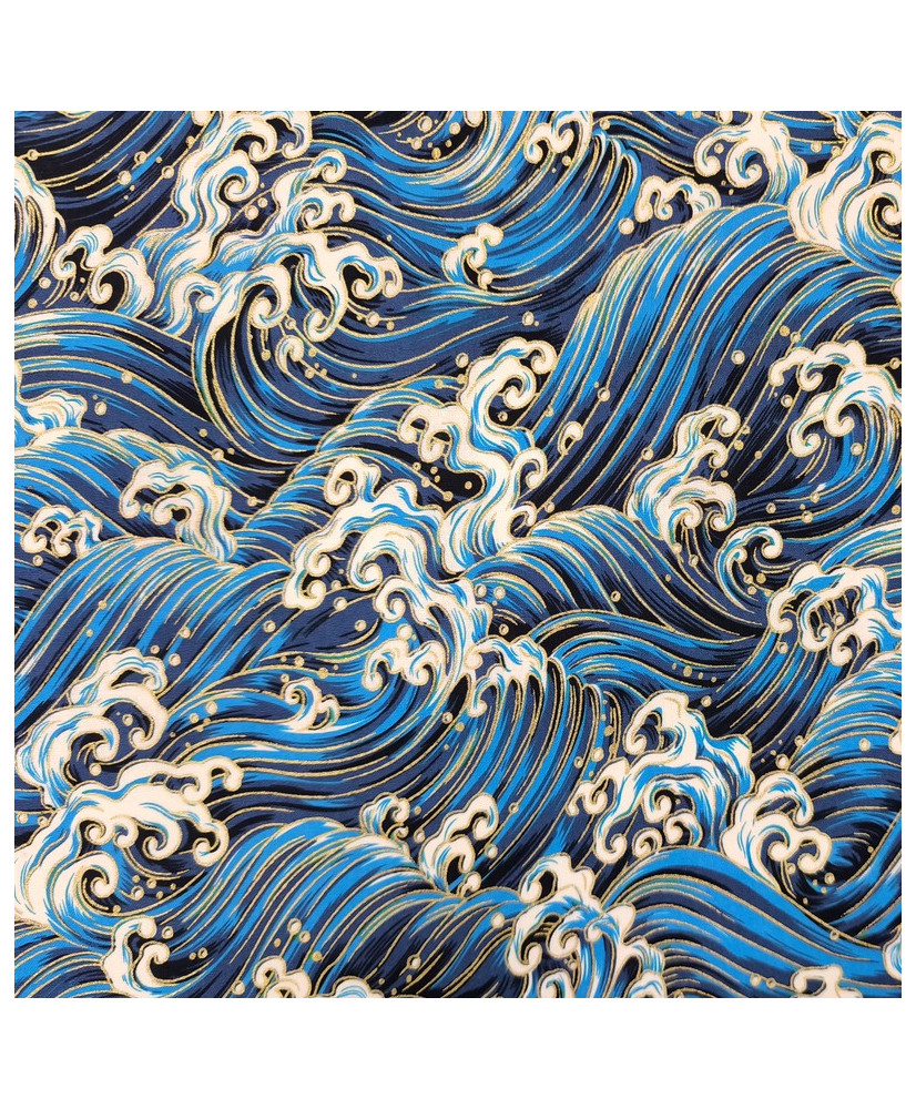 Cretonne imprimé doré - bleu "Vagues impériales"