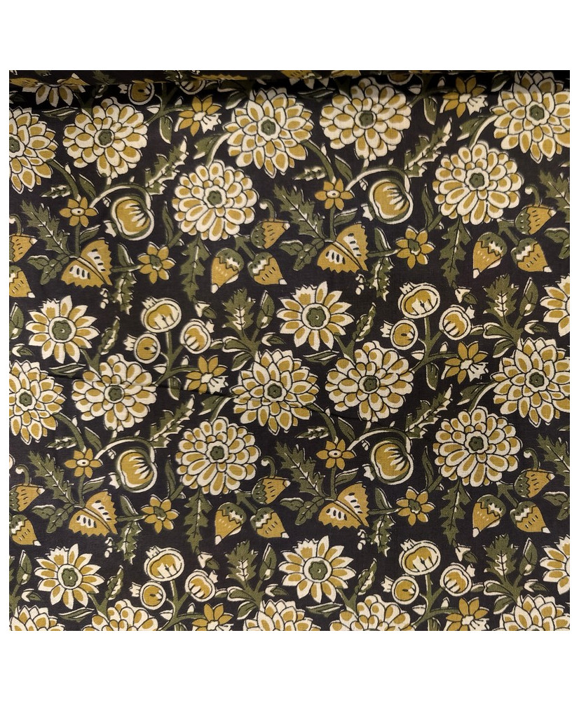 Tissu Coton "Indienne" – Floral Moutarde & Vert Forêt