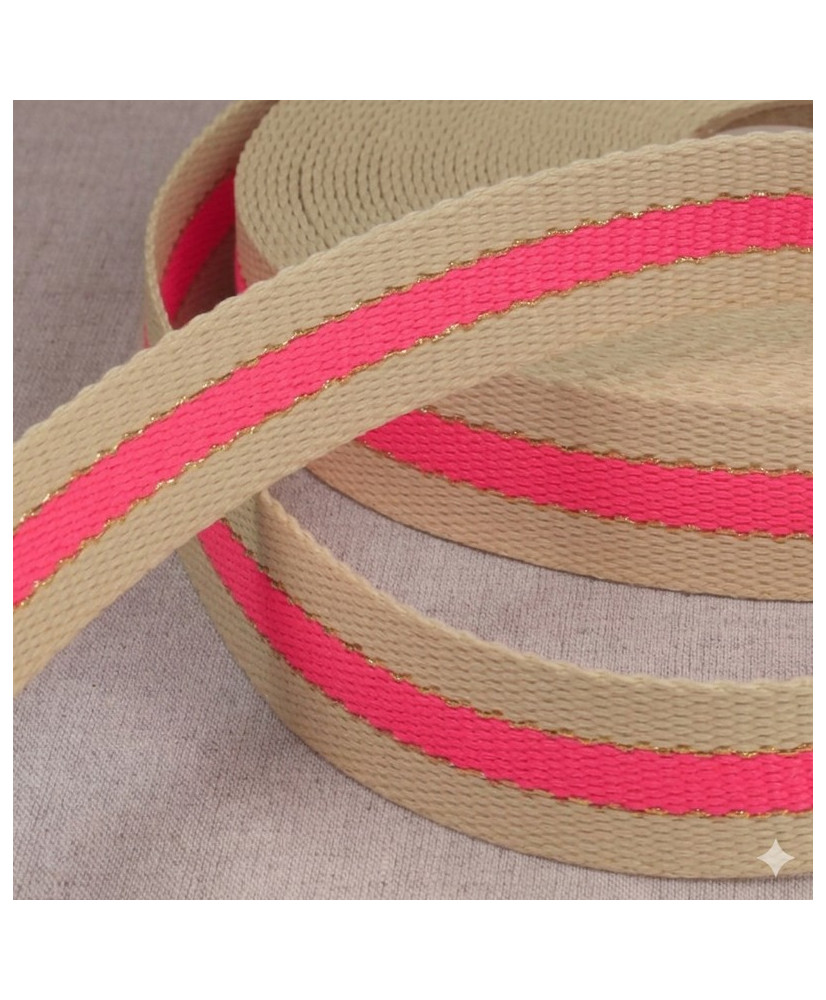 Sangle 3 bandes fluo et fil métal  30 mm - Rose
