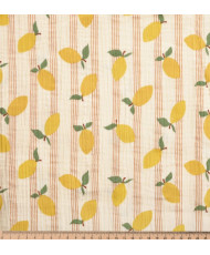 Tissu double gaze de coton blanc cassé avec motifs citrons jaunes et fines rayures verticales ocre.