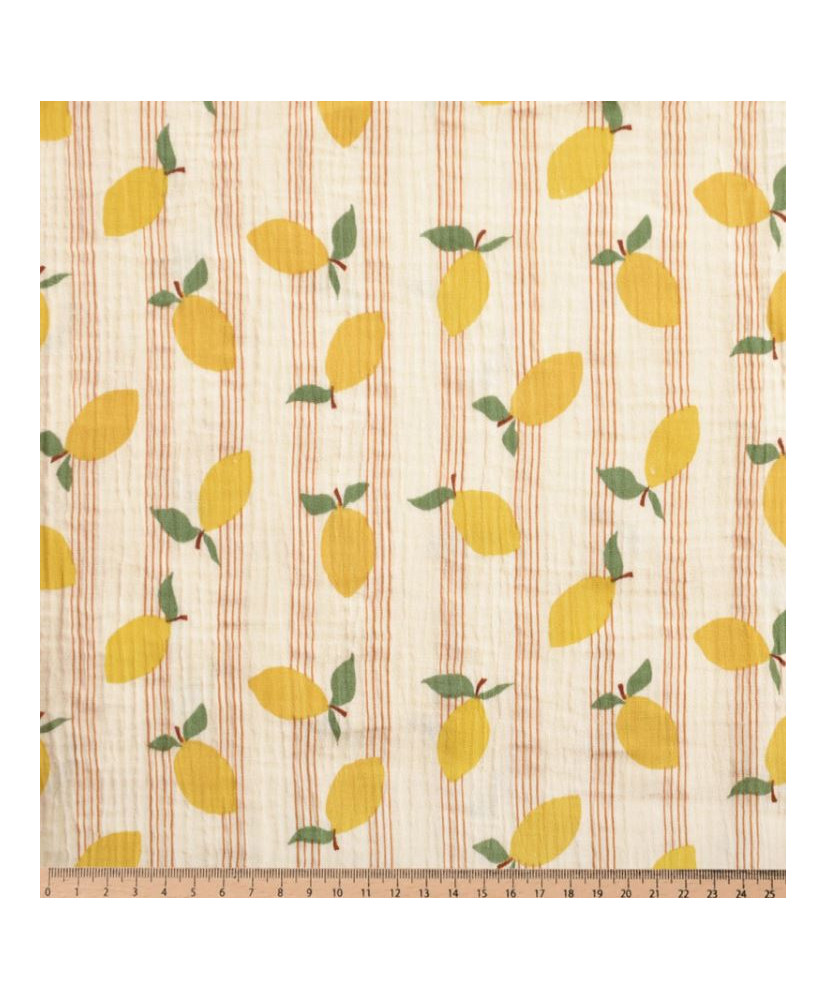 Tissu double gaze de coton blanc cassé avec motifs citrons jaunes et fines rayures verticales ocre.