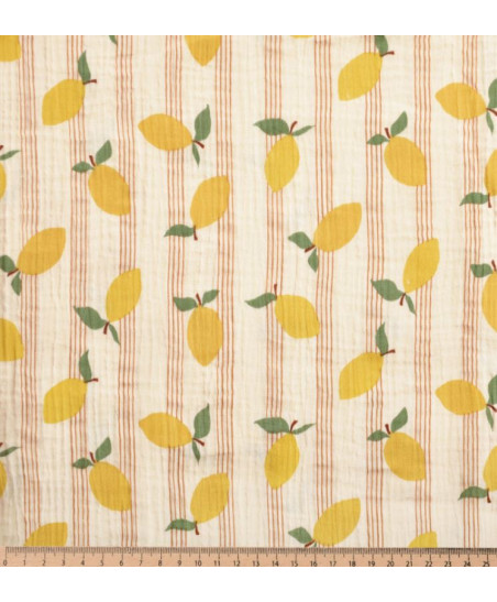 Tissu double gaze de coton blanc cassé avec motifs citrons jaunes et fines rayures verticales ocre.