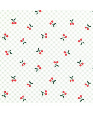 Tissu 100% coton blanc à motif de petites cerises rouges et feuillage vert sur un fin quadrillage vert pastel.