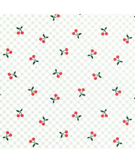 Tissu 100% coton blanc à motif de petites cerises rouges et feuillage vert sur un fin quadrillage vert pastel.