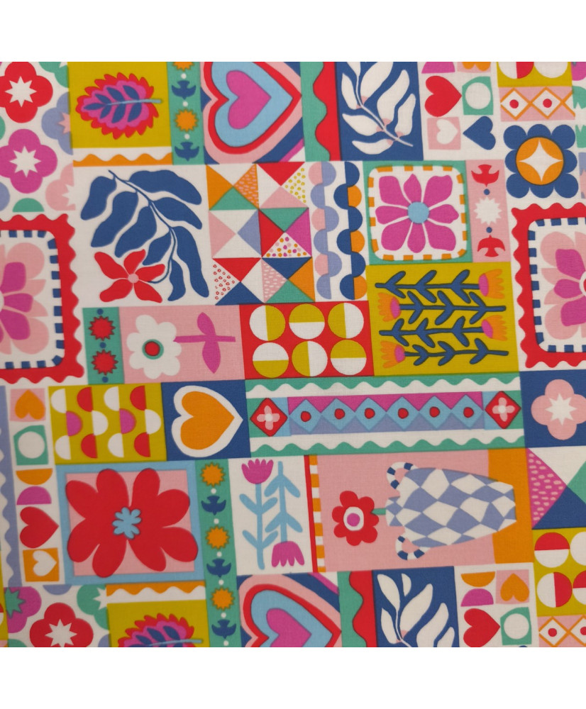 Tissu percale coton imprimé Bimba - Motifs Patchwork Graphique & Fleuri Multicolore