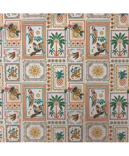 Tissu en percale de coton Bomdia aux motifs encadrés de perroquets, singes, palmiers et ananas style exotique rétro
