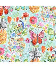 Tissu Cretonne 100% Coton - Aquarelle Exotique, Paons & Papillons - Laize 160 cm "Oliana"