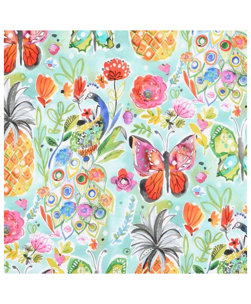 Tissu Cretonne 100% Coton - Aquarelle Exotique, Paons & Papillons - Laize 160 cm "Oliana"