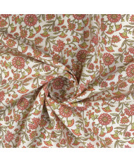 Tissu Cretonne 100% Coton - Motif Floral "Santal" ivoire/orange
