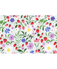 Nappe en Toile Enduite « Tagada » – Motif Fraises et Fleurs Sauvages (Larg. 140 cm)