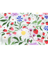 Nappe en Toile Enduite « Tagada » – Motif Fraises et Fleurs Sauvages (Larg. 140 cm)