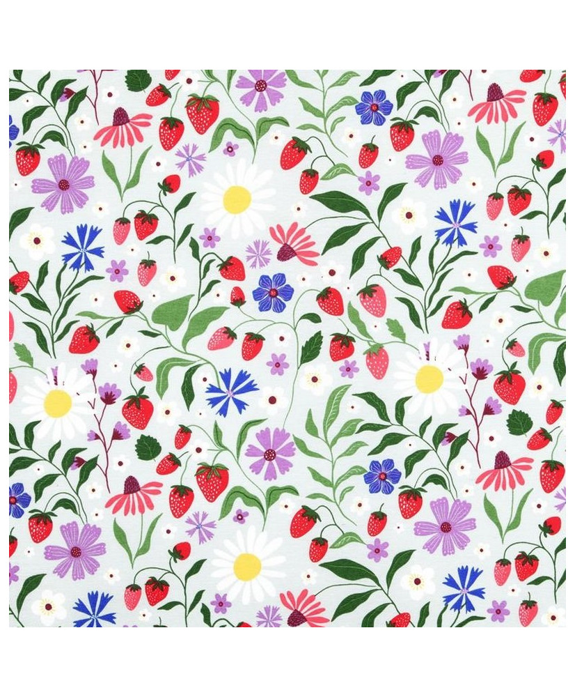 Nappe en Toile Enduite « Tagada » – Motif Fraises et Fleurs Sauvages (Larg. 140 cm)