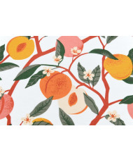 Nappe en Toile Enduite « Peach » – Motif Fraises et Fleurs Sauvages (Larg. 140 cm)
