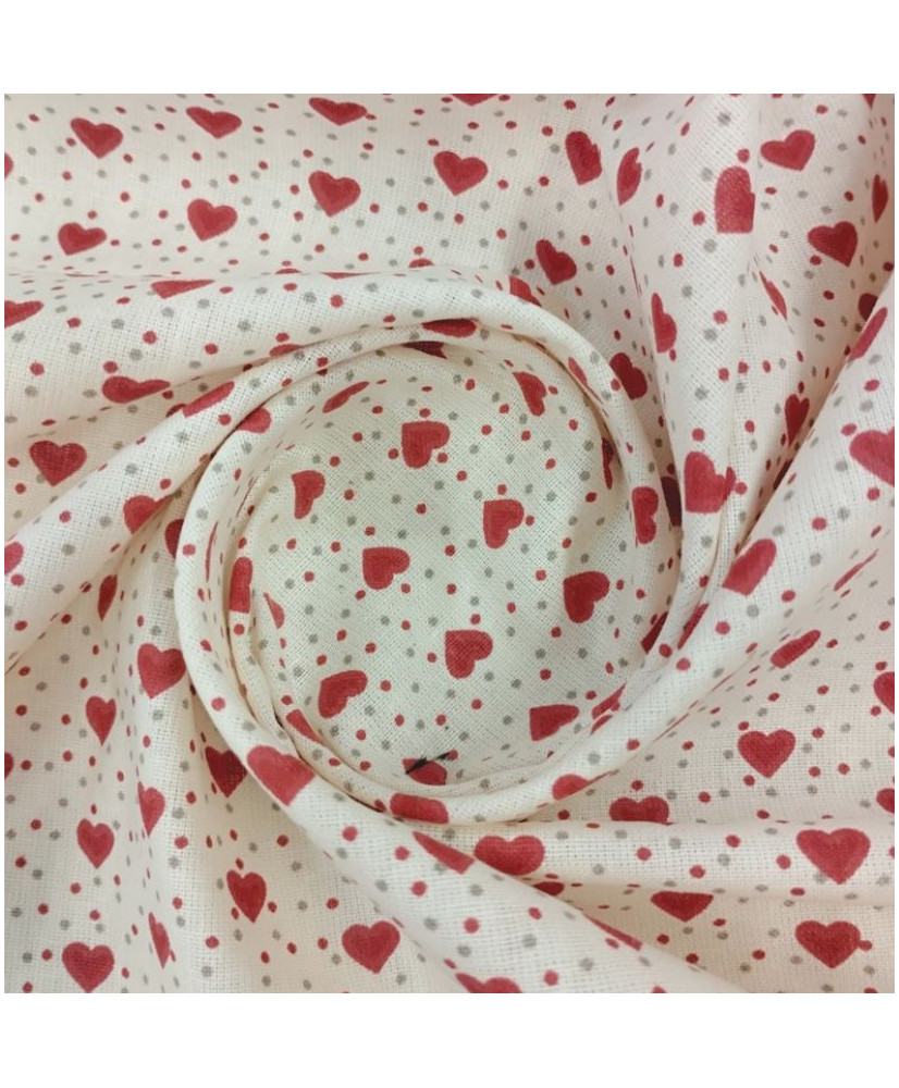 Coupon Cretonne Mini cœur rouge fond écru 1 m