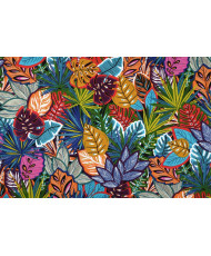 Tissu cretonne de coton Lokoloi au motif de feuilles tropicales multicolores bleu orange et fuchsia
