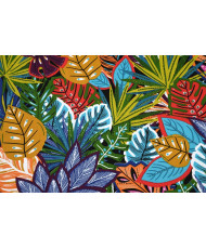 Tissu cretonne de coton Lokoloi au motif de feuilles tropicales multicolores bleu orange et fuchsia