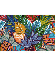 Tissu cretonne de coton Lokoloi au motif de feuilles tropicales multicolores bleu orange et fuchsia