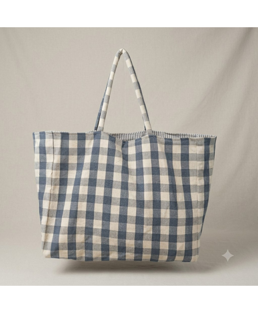 Sac cabas XXL Bleu 100% Coton - Carreaux & vichy - réversible