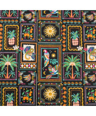 Tissu percale coton imprimé "Bomdia" noir - Motifs Éphémérides & Faune Tropicale