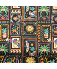 Tissu percale coton imprimé "Bomdia" noir - Motifs Éphémérides & Faune Tropicale