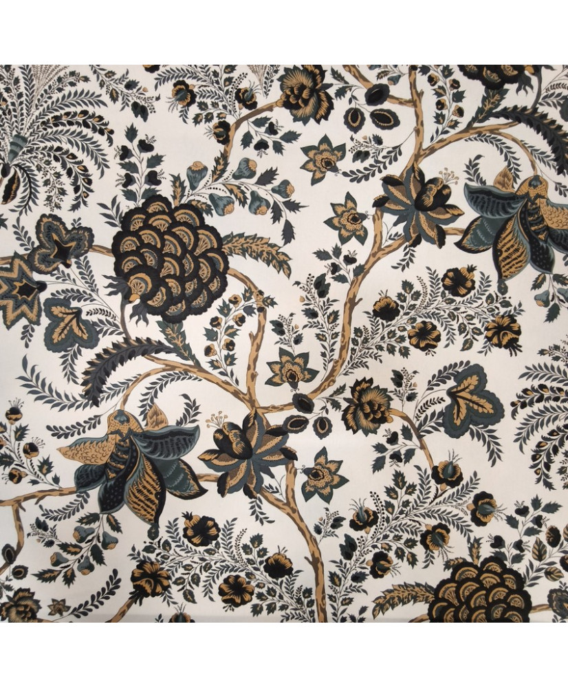 Tissu 100% Coton "Palopa Indienne" – Grand Motif Floral – Gris & moutarde – 280 cm