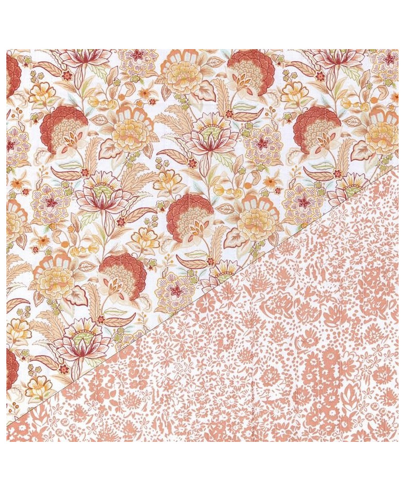 issu matelassé réversible 100% coton avec motif fleurs bloc-print or et corail d'un côté et motif floral corail de l'autre.