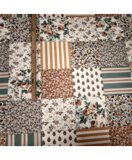Tissu Imprimé Patchwork Fleuri & Rayures- Ocre – 100% Coton "Fleurville"