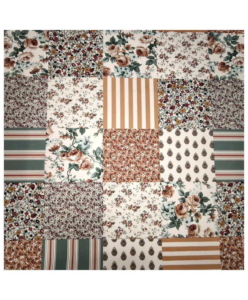 Tissu Imprimé Patchwork Fleuri & Rayures- Ocre – 100% Coton "Fleurville"