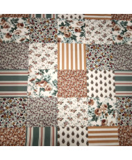 Tissu Imprimé Patchwork Fleuri & Rayures- Ocre – 100% Coton "Fleurville"
