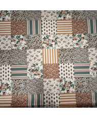 Tissu Imprimé Patchwork Fleuri & Rayures- Ocre – 100% Coton "Fleurville"